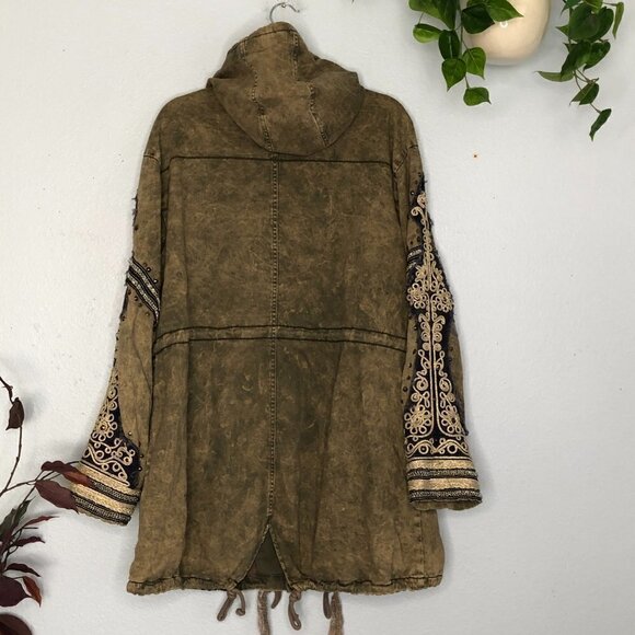 Free People Golden Quills Jacket Green Military Utility Fancy Large Parka - Picture 7 of 7